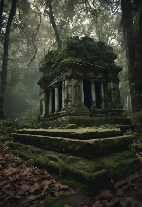 Generate an image of an ancient cemetery surrounded by dense forest. Show moss-covered tombs and faded inscriptions indicating forgotten history. Add ethereal spirits floating above the tombstones, with anguished faces and empty eyes. Create an effect of l...