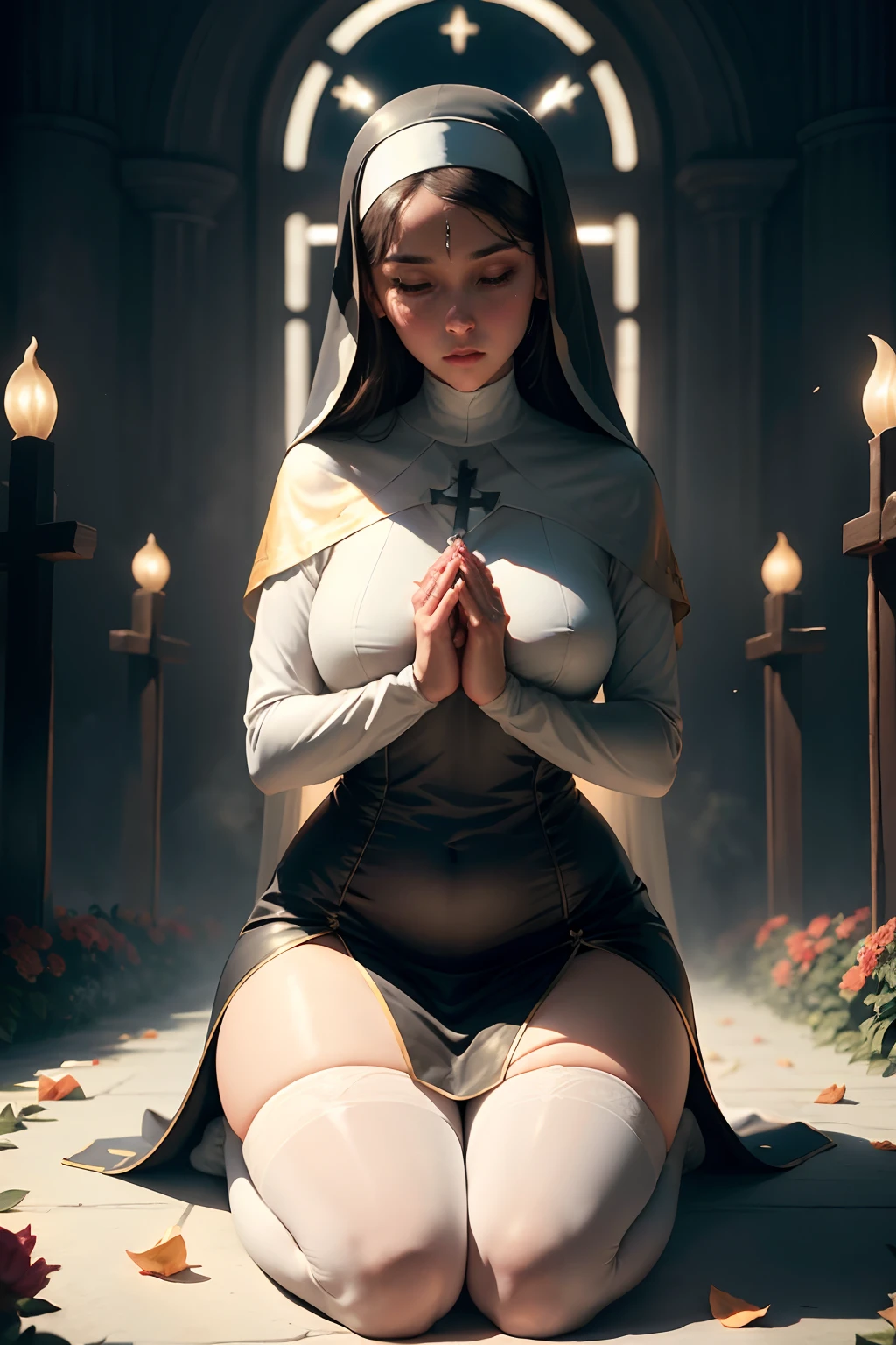 lewd nun，A ray of light shines down，Light and shadow details，Camera perspective，slimfigure，8K，tmasterpiece，Kneel down with your hands folded in prayer，crosses，flowerbed，holy，Cold and glamorous，Bare thighs，white stockings --auto