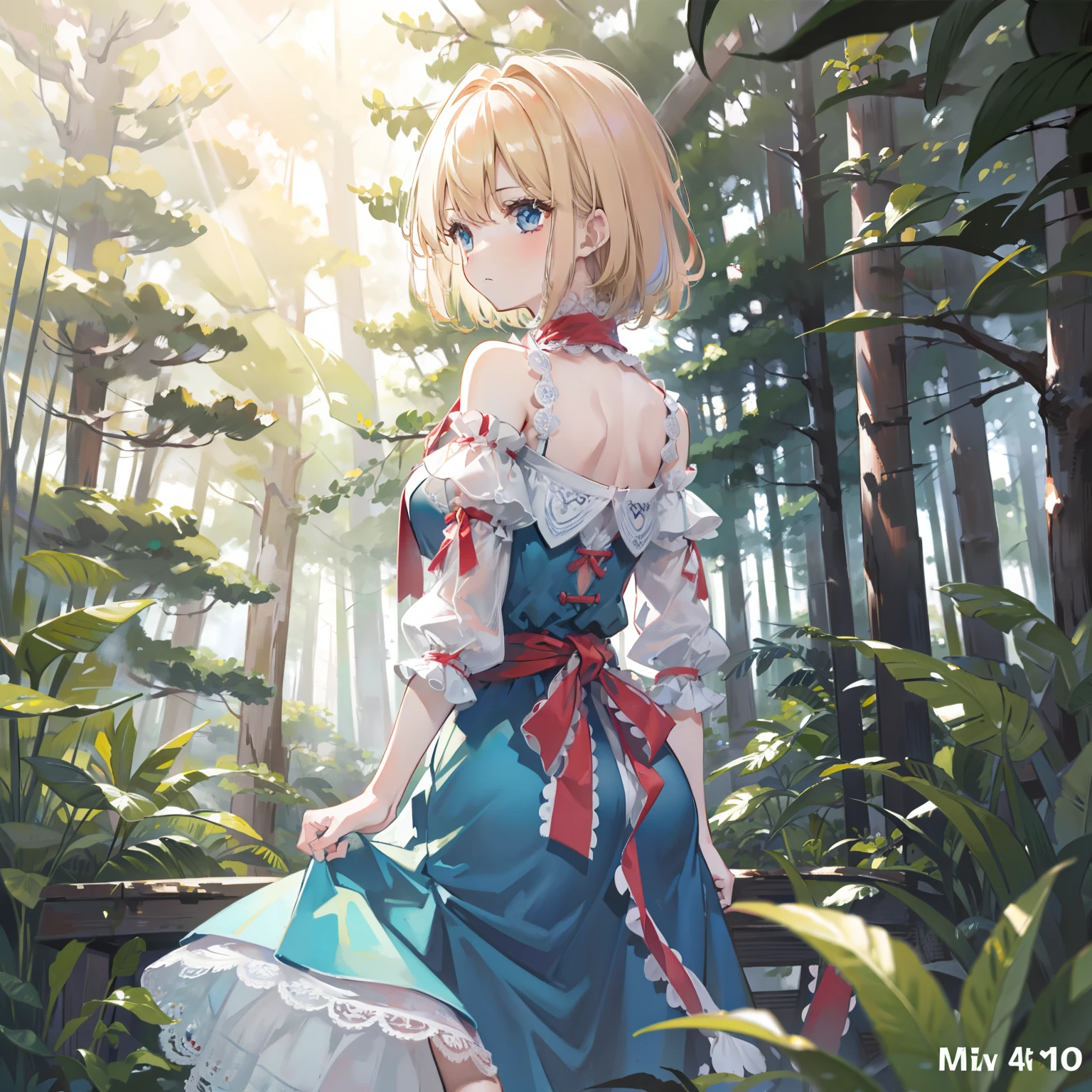 masterpiece, fine detail, 4k, 8k, 12k, solo, alone, beautiful girl, white female, Alice Margatroid, back view, looking at viewer, surprised face, forest, sunlight filtering through foliage