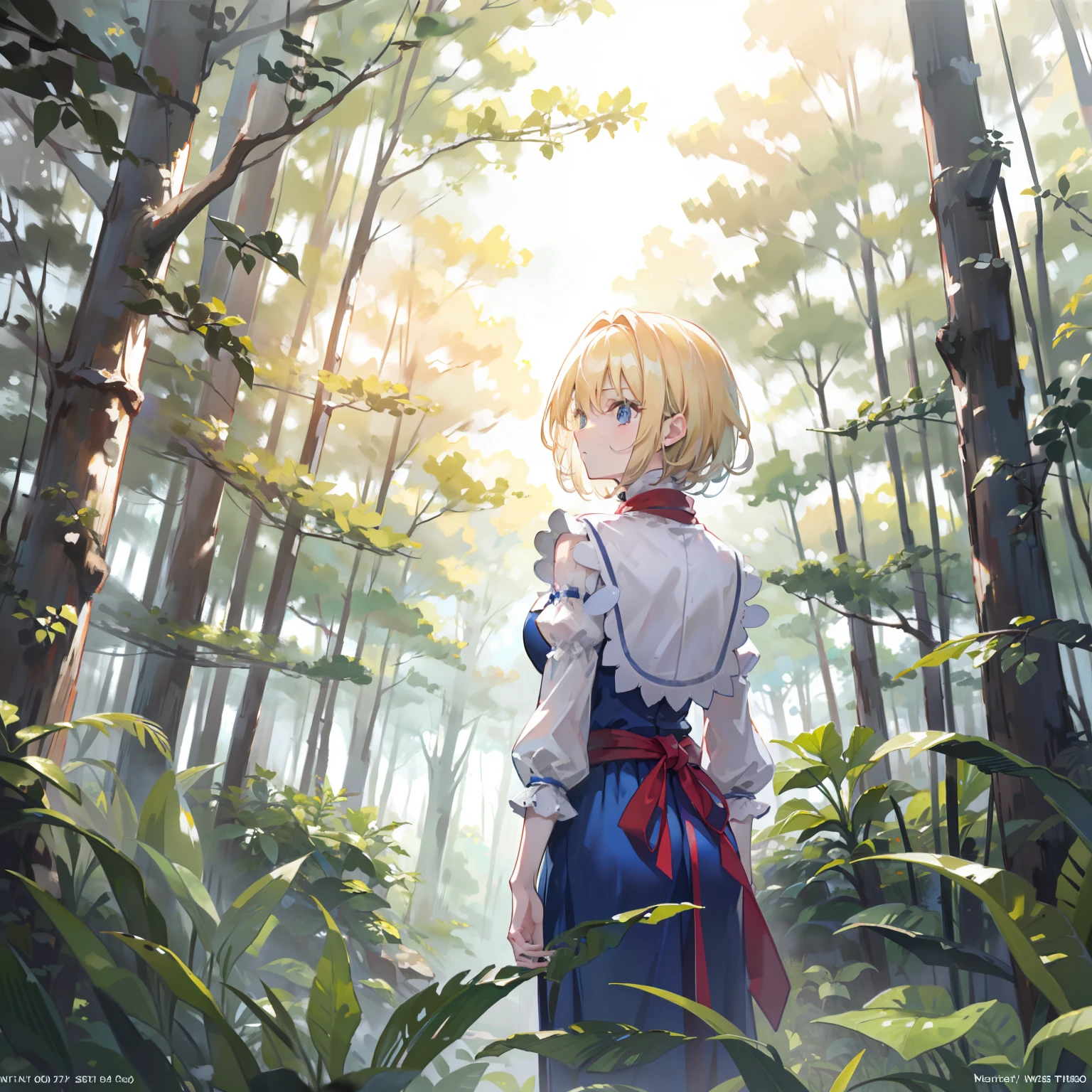 masterpiece, fine detail, 4k, 8k, 12k, solo, alone, beautiful girl, white female, Alice Margatroid, back view, looking at viewer, surprised face, forest, sunlight filtering through foliage