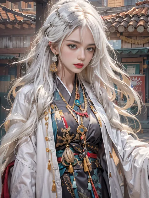 photorealistic, high resolution, 1womanl, solo, hips up, view the viewer, (detailed face), white hair, long hair, taoist robe,ov...