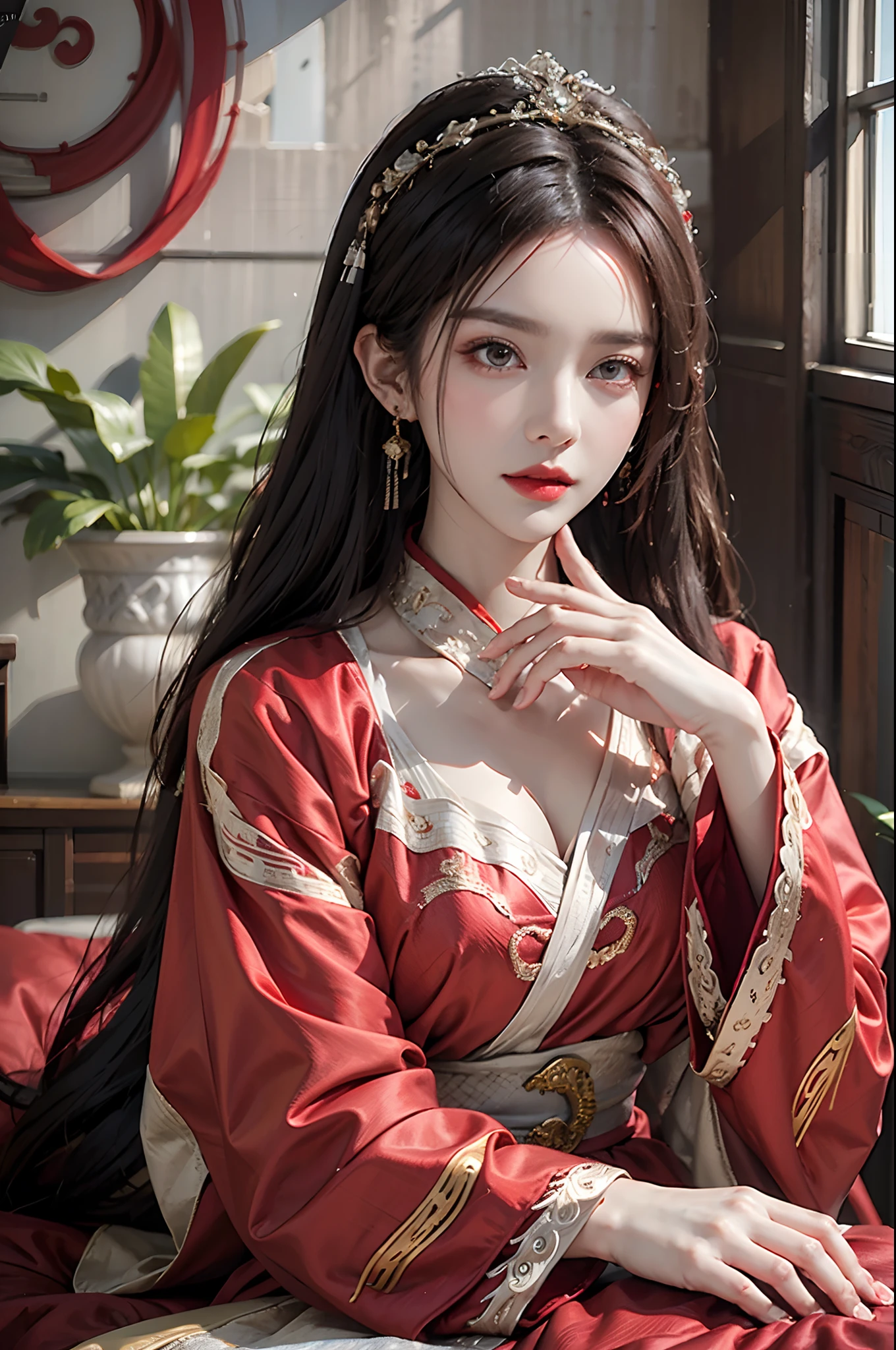 (ultra realistic 8k CG:1.2),perfect artwork,delicate pattern,intricate detail, (unparalleled masterpiece,best quality:1.2),(extremely intricate:1.2),a woman in a red and gold dress, Phoenix crown,hair stick,(sitting on red bed),Cosmetic,blush,shy,black_hair, looking down, Cosmetic,(forehead dot),(2 red candles), chinese_clothes, curtains, earrings, white hair, hair_ornament, hanfu, indoors, jewelry, red nails, long_sleeves, red dress, red lips, tassel, (Red quilt),(red palace:1.2),(ancient Chinese architecture),(red:1.8),night