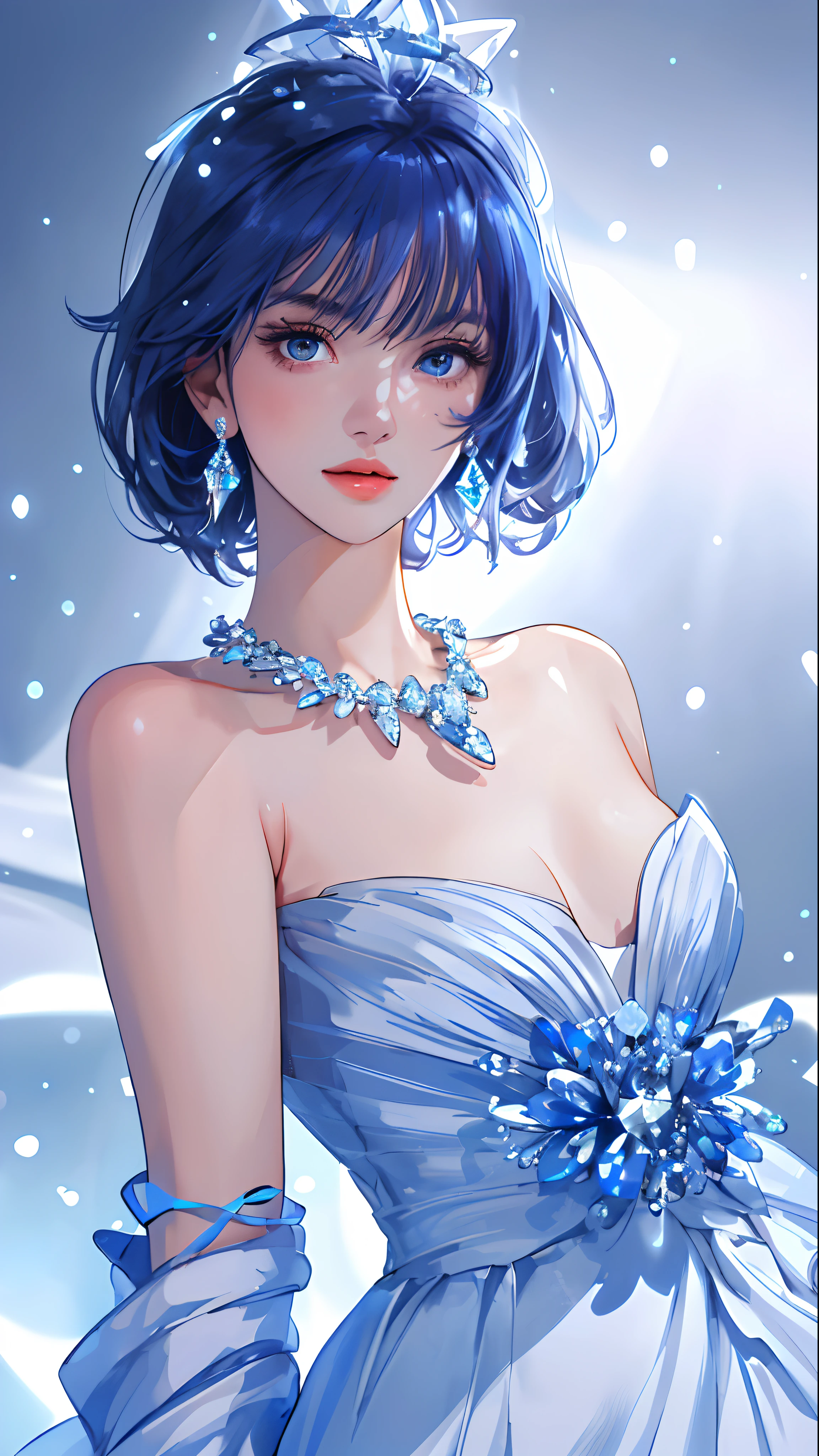 masterpiece, best quality, illustration, sax blue, platinum earrings, platinum necklace, white dress, 1girl, cute, (dynamic lighting:1.2), cinematic lighting, delicate facial features, detailed eyes, sharp pupils, realistic pupils, depth of field, bokeh, sharp focus, (hyper-detailed, bloom, glow:1.4), many small gems