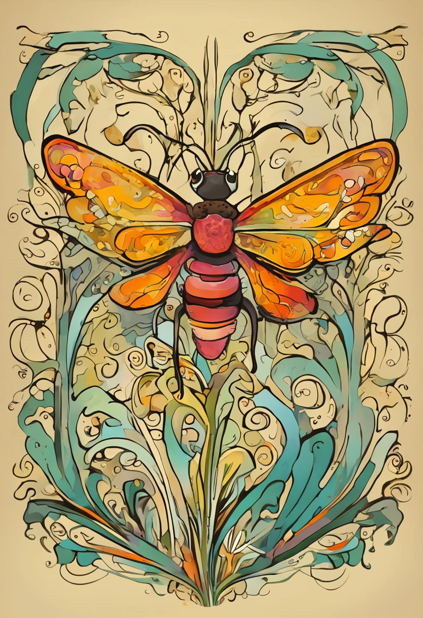 ein Cartoon fliegender Käfer auf einer Blume, im Stil von Jugendstil-inspirierten Illustrationen, detaillierter Himmel, chinapunk, illustratives Geschichtenerzählen, Solarisationsmeister, Quito-Schule, visuell poetisch