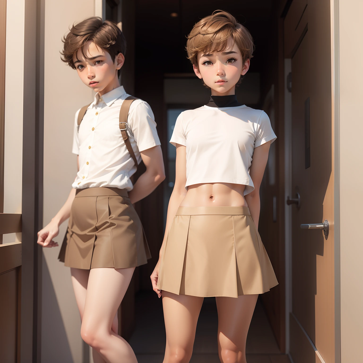 Two asian women in short skirts and white shirts standing in a hallway -  SeaArt AI