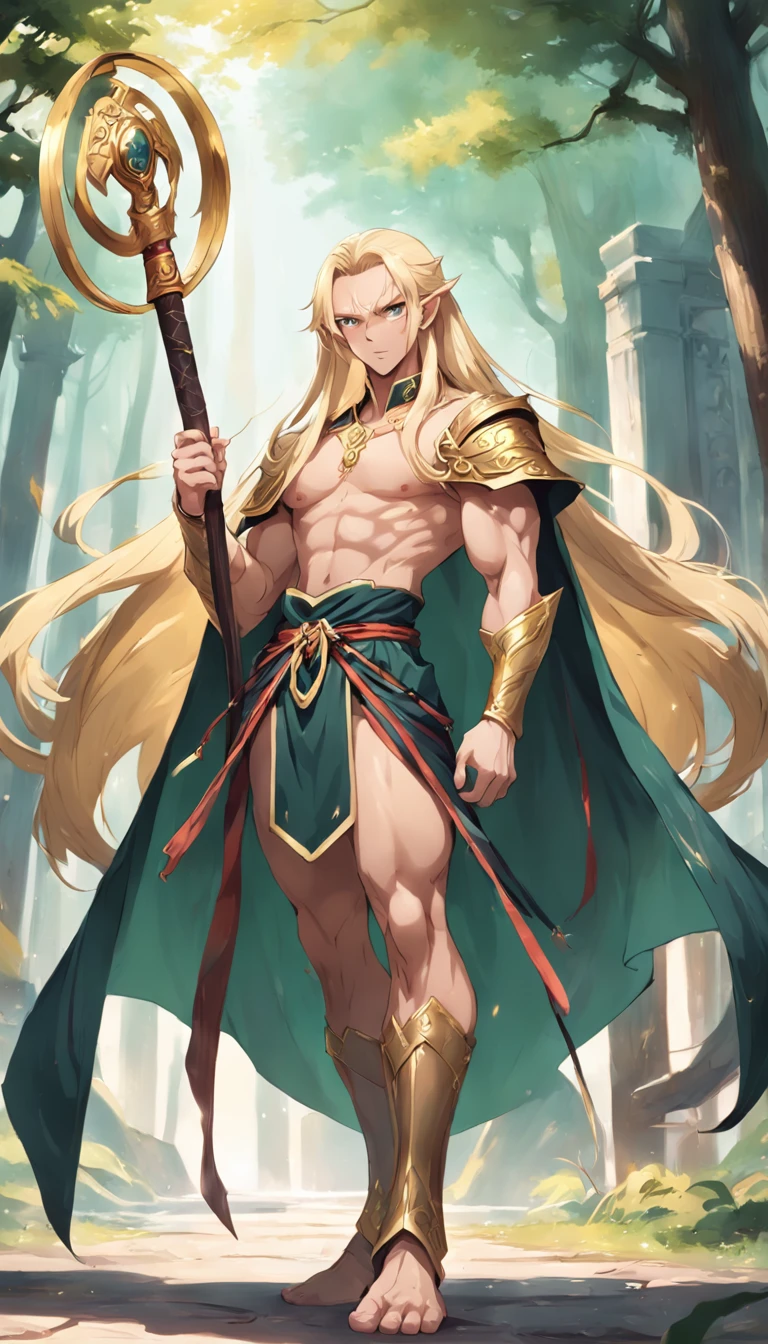 A man with a sword and a green cape standing in the woods - SeaArt AI