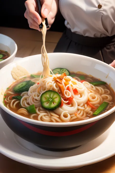 (Masterpiece, Best quality, Ultra-detailed), food advertisement, Close-up of delicious noodles, Fill the bowl, The aroma is fragrant, warm and joyful atmosphere, Ramen, Brush image, Sichuan cuisine is fragrant, verdure, detailled image.