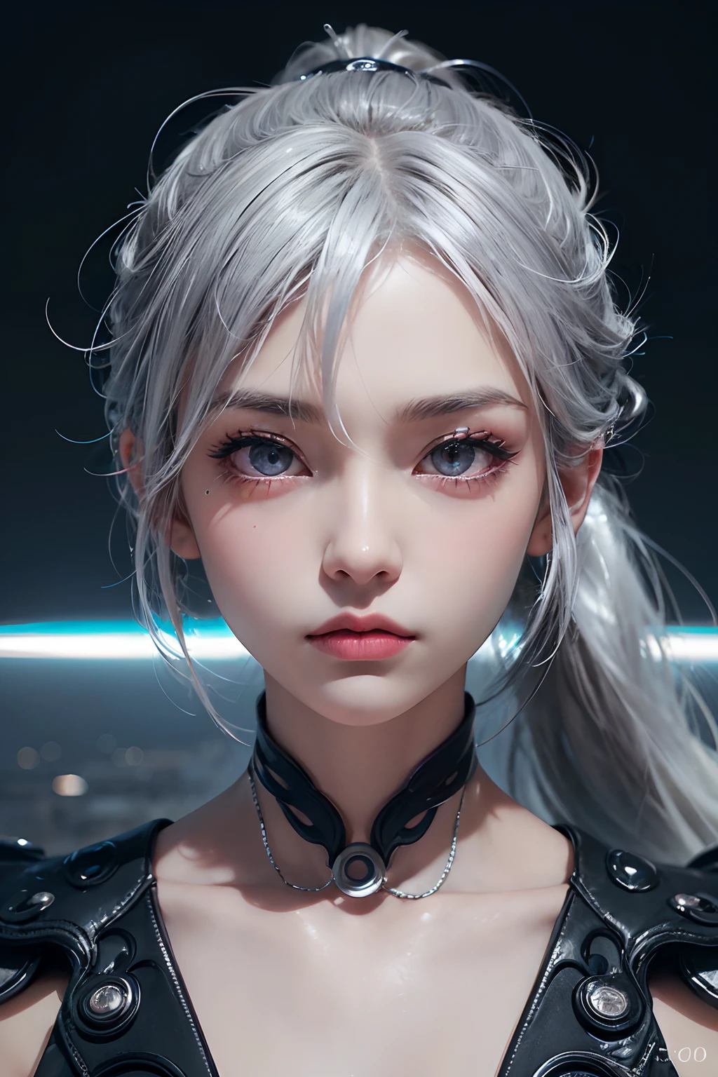 longeyelashes, Solid Circle Eyes,  Ponytail, Silver hair, colored contact lenses, surrealism, drop shadow, anaglyph, stereograms,  POV, Atmospheric perspective, 8K, Super Detail, ccurate, Best Quality