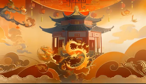 chinese surrealism, floating chinese lampoons, Chinese style,Close-up of pagoda with dragon, dragon flying in the background,((Four-clawed golden dragon))，New Year's flavor，Festive and warm colors，Orange tones，Illustration style，((In the upper left corner ...