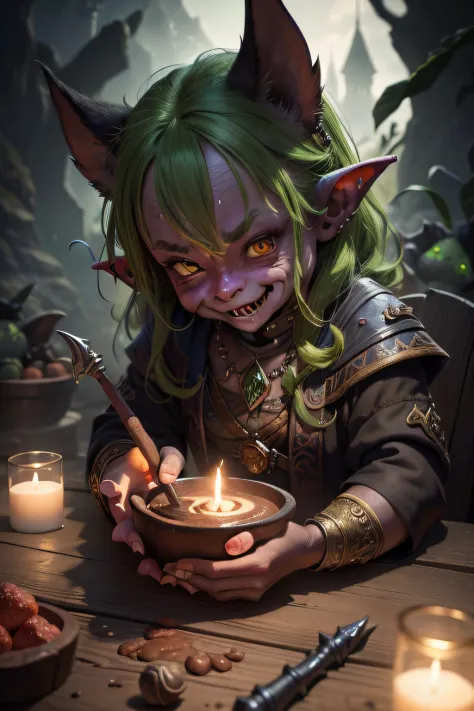 "A stunning and detailed depiction of a mischievous goblin with vibrant colors and intricate details, set against a mystical bac...