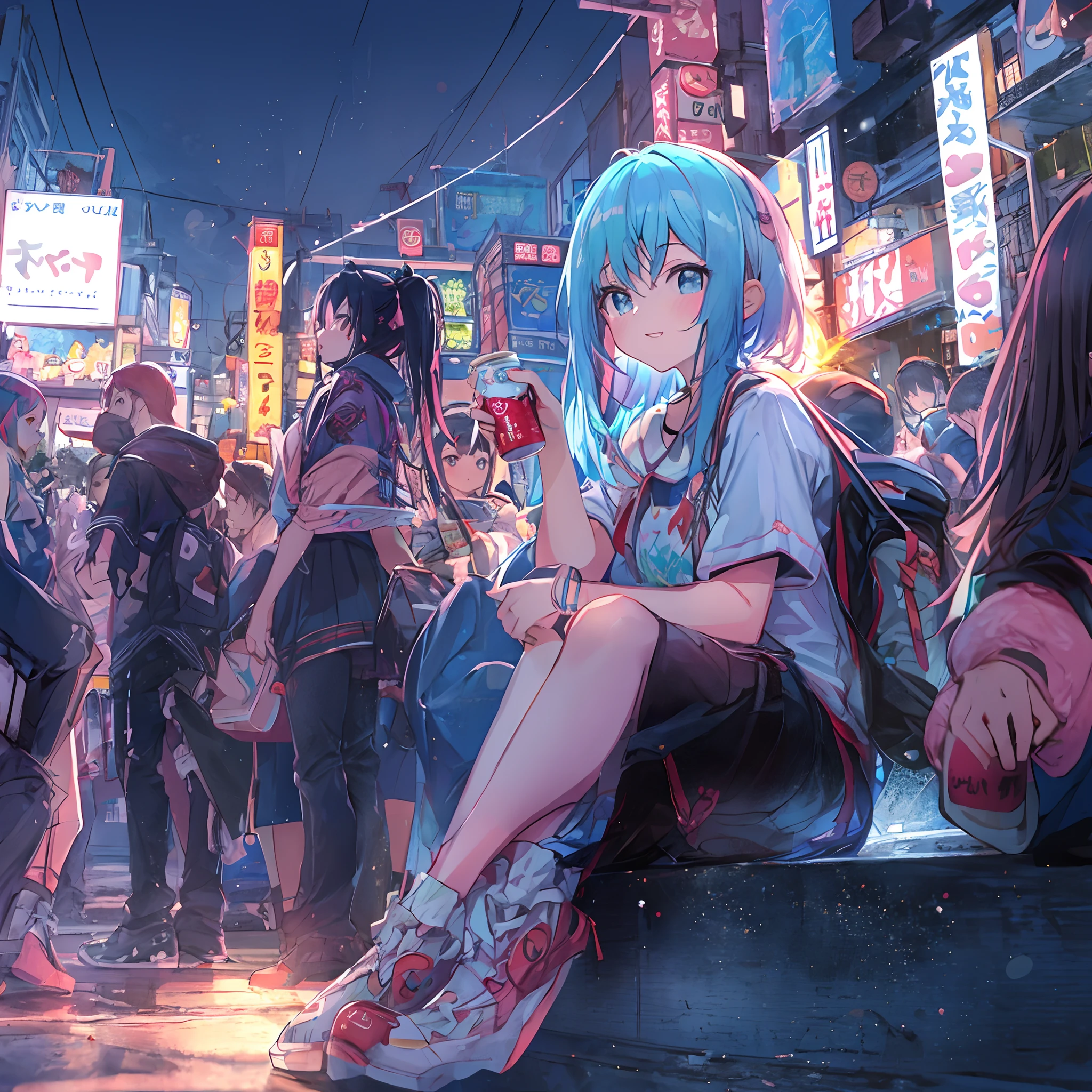 Anime girls sitting on a ledge in a crowded city street - SeaArt AI