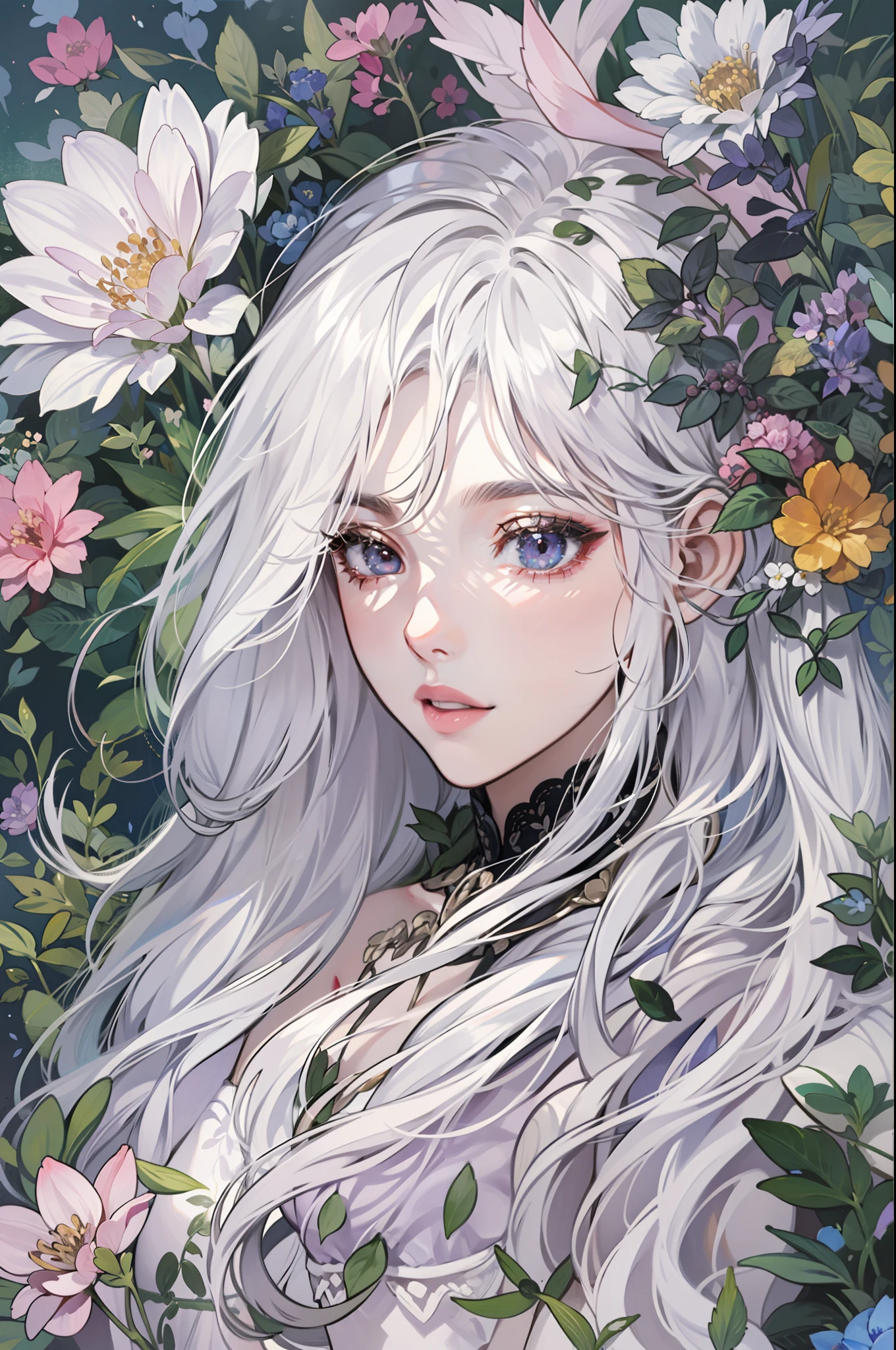 긴 은백색 머리를 가진 여자가 잔디 위에 누워 있다，은백색 머리카락，긴머리가 흩날려，보라색 눈，((검정 드레스))，잔디밭에는 다양한 꽃들이 가득하다，화려한，빛，조직，자연적인 원인，정교하고 아름다운 디테일，(눈 디테일），매우 상세한 그림
