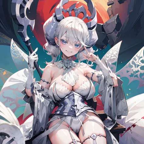 ((​masterpiece)), ((Top image quality)), ((Hi-Res)), ((Ultra detailed CG unified 8k wallpaper)), 独奏, Low Angle Full Body Shot,(Bloody background)、silver castle、borgar、细致背景，遊戯王!,White hair、Woman in white robes, Seductive Anime Girl, perfect gray hair girl, ...