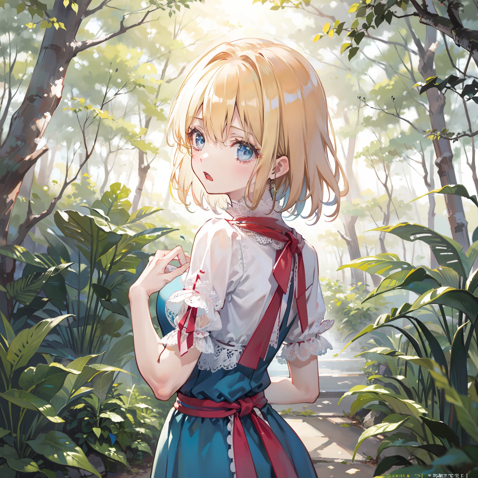 masutepiece, Fine detail, 4K, 8K, 12K, Solo, Alone, Beautiful Girl, caucasian female, alice margatroid, Back view, Looking at Viewer, looking in camera, Looking at Viewer, Surprised face, Opening Mouth、forest, Sunlight penetrating the leaves