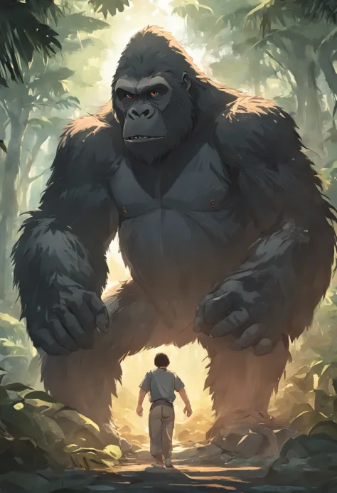 King Kong and the Dinosaur Battle，jungles，full body Esbian，long distance，of a real，Facial features are carefully drawn，Realistic skin texture，Dark style，depth of fields，highlight，Real Light，Ray traching，OC rendering，Hyper-realistic，best qualtiy，8K，Works of...