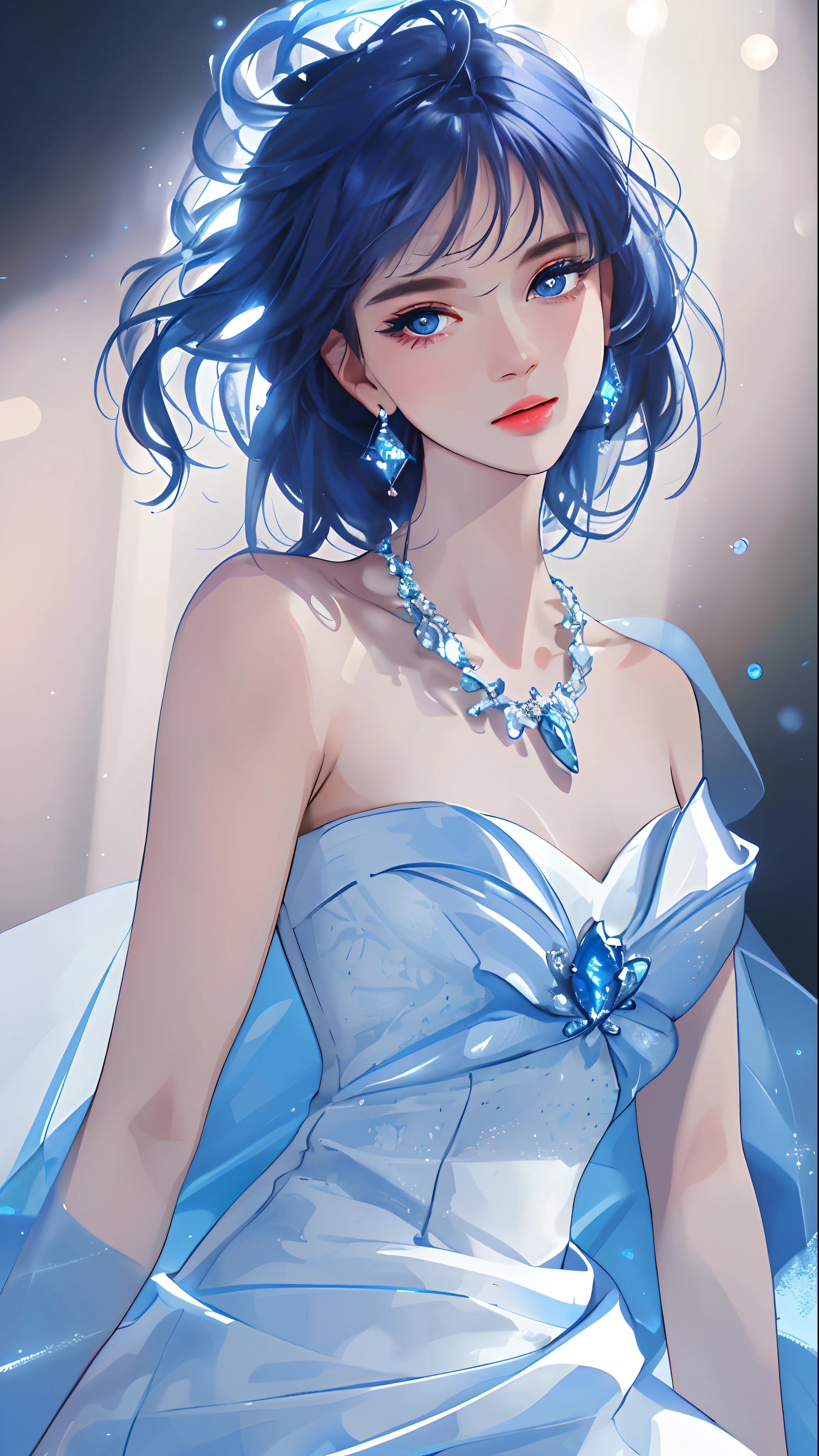 masterpiece, best quality, illustration, sax blue, platinum earrings, platinum necklace, white dress, 1girl, cute, (dynamic lighting:1.2), cinematic lighting, delicate facial features, detailed eyes, sharp pupils, realistic pupils, depth of field, bokeh, sharp focus, (hyper-detailed, bloom, glow:1.4), many small gems