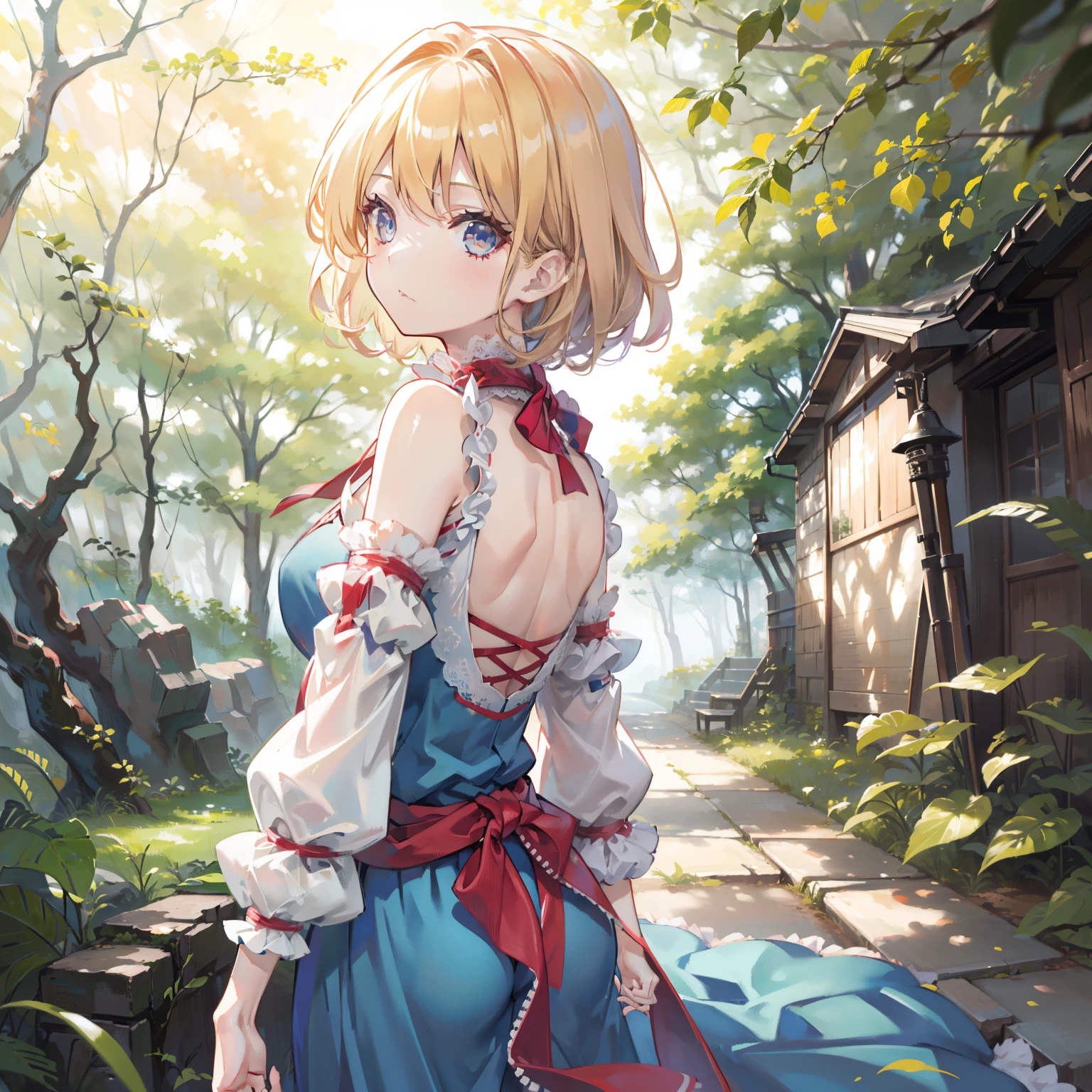 masutepiece, Fine detail, 4K, 8K, 12K, Solo, Alone, Beautiful Girl, caucasian female, alice margatroid, Back view, Looking at Viewer, looking in camera, Looking at Viewer, Surprised face, tilt your head、forest, Sunlight penetrating the leaves