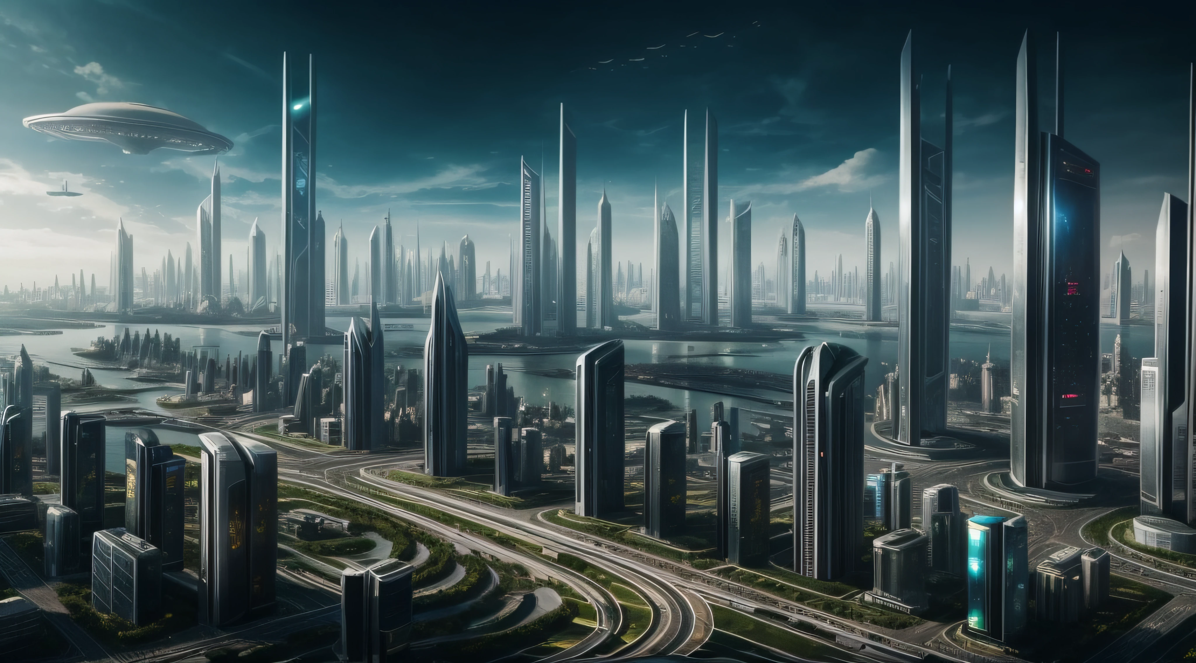 Cidade futuristica，There are a lot of trees and buildings in the background, futuristic utopian city, alien futuristic city, futuristic alien city, landscape of a future city, otherwordly futuristic city, in fantasy sci - fi city, Alien buildings, Futuristic utopian architecture, futuristic utopian metropolis, Photo of futuristic cityscape, an alien city, futuristic structures, an alien cityscape