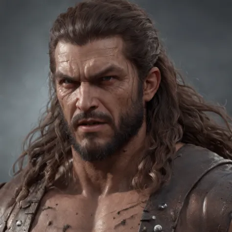 (Professional 3D Rendering:1.3) in the (Realistic:1.3) The most beautiful artwork photos in the world，Features soft and shiny male heroes, ((Epic Hero Fantasy Muscle ManRough Wet Hero Angry Long Hair Short Beard and Ferocious Expression in Dynamic Pose, fa...