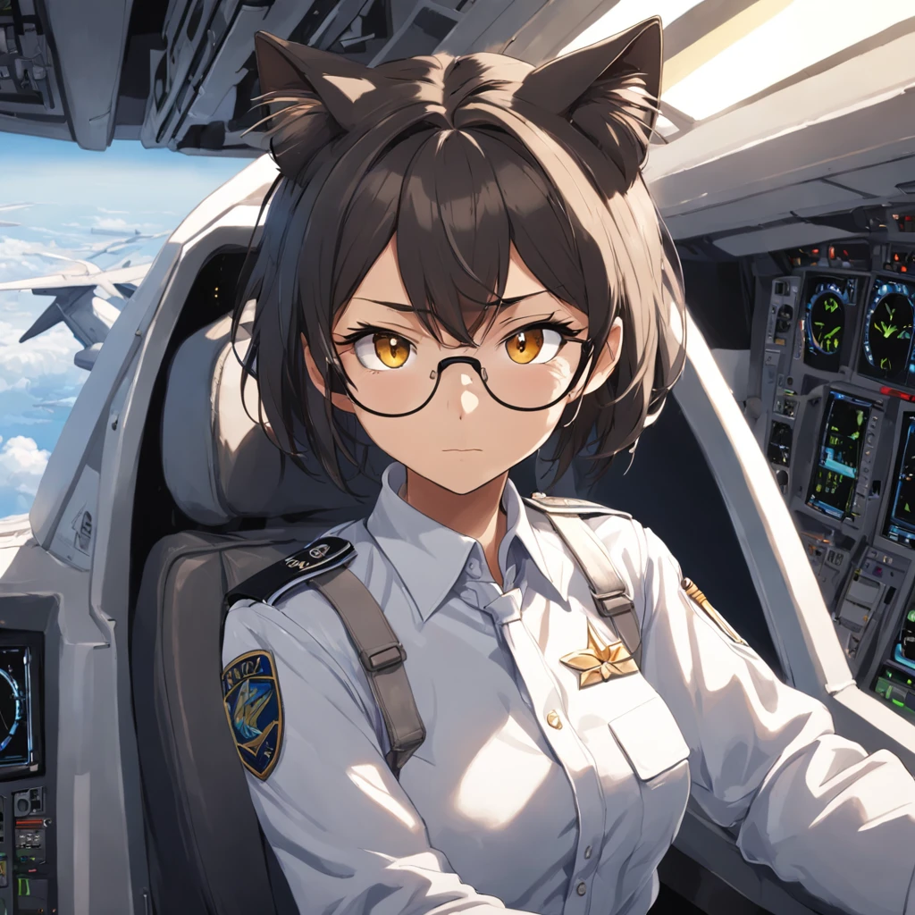 Anime girl in uniform sitting in cockpit of airplane with pilot - SeaArt AI