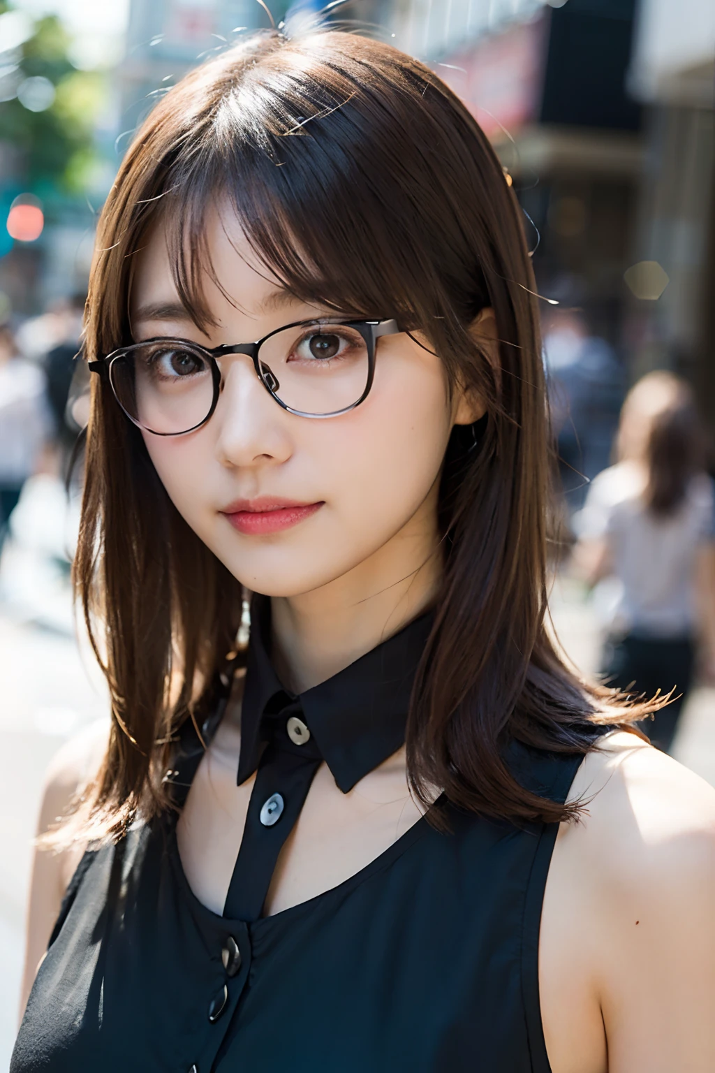 (8K、Raw photography、top-quality、​masterpiece:1.2)、(realisitic、Photorealsitic:1.37)、ultra-detailliert、超A high resolution、女の子1人、see the beholder、beautifull detailed face、A smile、Constriction、(Slim waist) :1.3)、Collar shirts、Beautiful detailed skin、Skin Texture、Floating hair、Professional Lighting、In the street、Black-rimmed square glasses、Whole human body、Brown hair