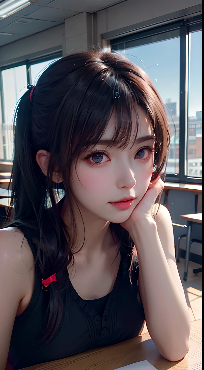 long eyelasher, solid circle eyes,  pony tails, Hair is shiny and dark, Colored Contact Lenses, surrealism, shadowing, anaglyph, stereograms,  angle of view, Atmospheric perspective, 8K, Super detail, ccurate, Best quality，1girll，On campus，classroom desk