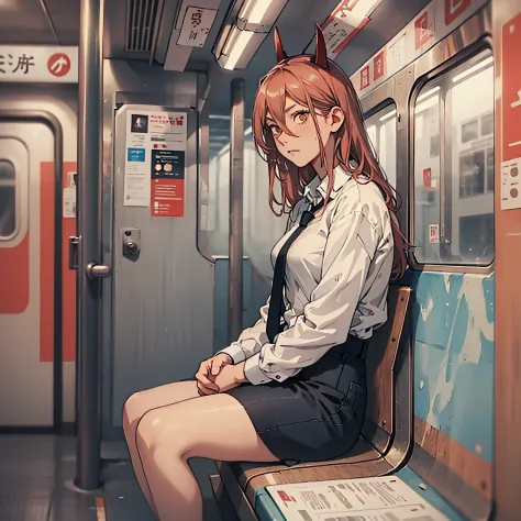 woman dressed in white shirt, thoughtful look long redh hair, sitting inside a tokio subway, cute, beauty.