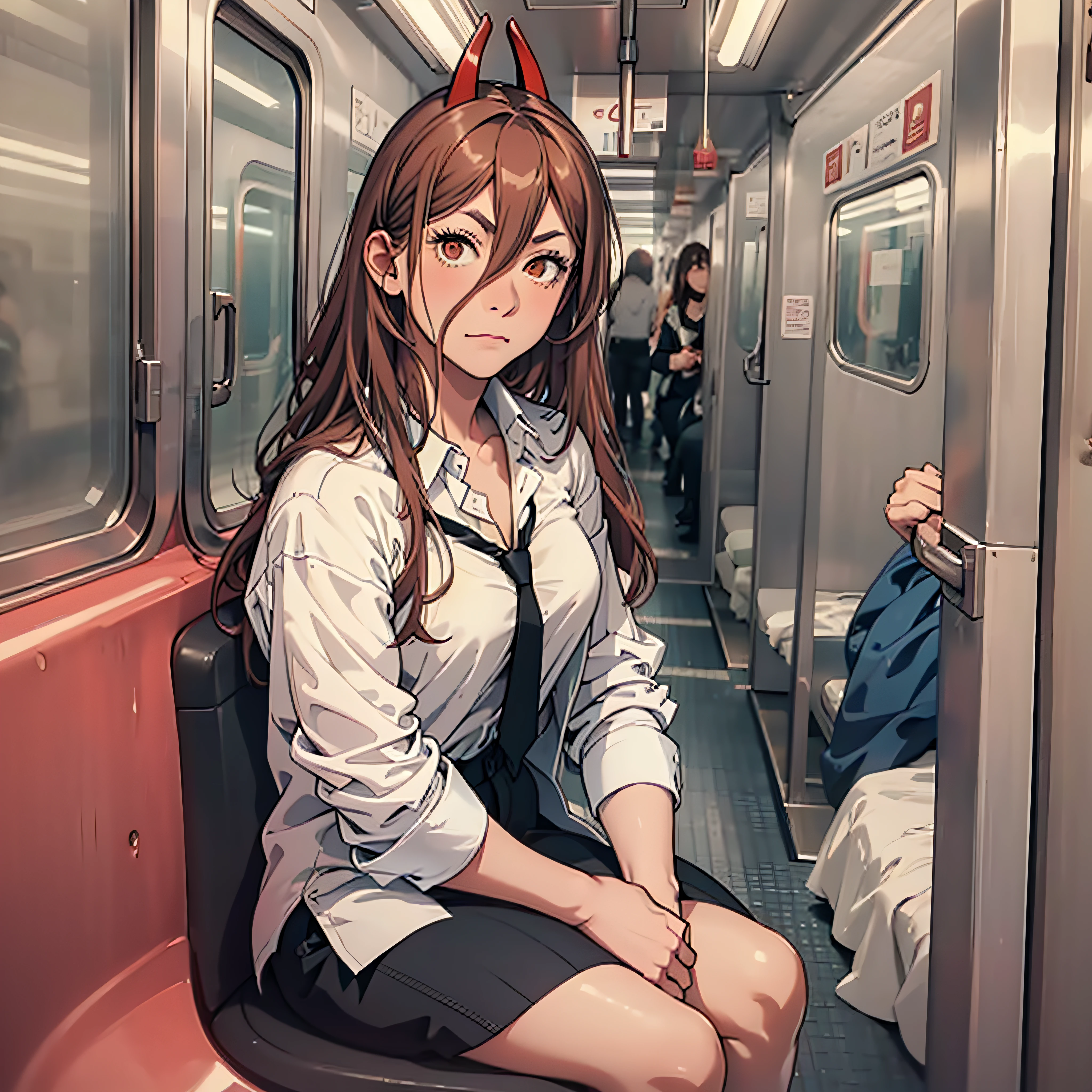 Woman dressed in white shirt, thoughtful look long redh hair, sitting inside a tokio subway, cute, beauty.