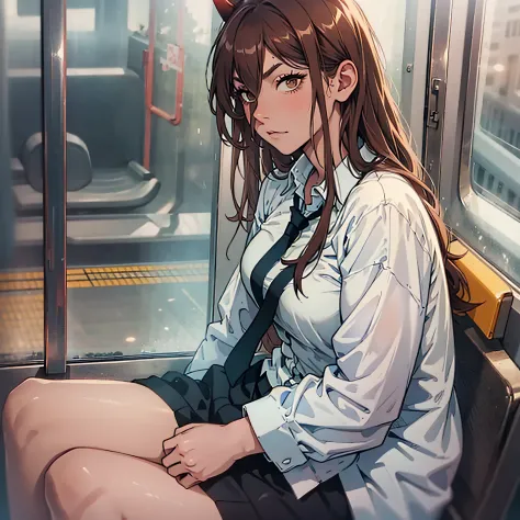 Woman dressed in white shirt, thoughtful look long redh hair, sitting inside a tokio subway, cute, beauty.