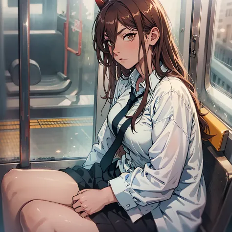 woman dressed in white shirt, thoughtful look long redh hair, sitting inside a tokio subway, cute, beauty.