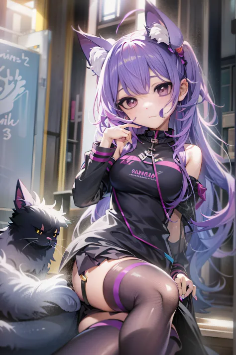 Anime girl with purple hair and black stockings sitting on bench, anime moe art style, style of anime4 K, Very beautiful anime cat girl, beautiful anime catgirl, cute anime catgirl, anime catgirl, anime girl with cat ears, Attractive cat girl, Anime art wa...