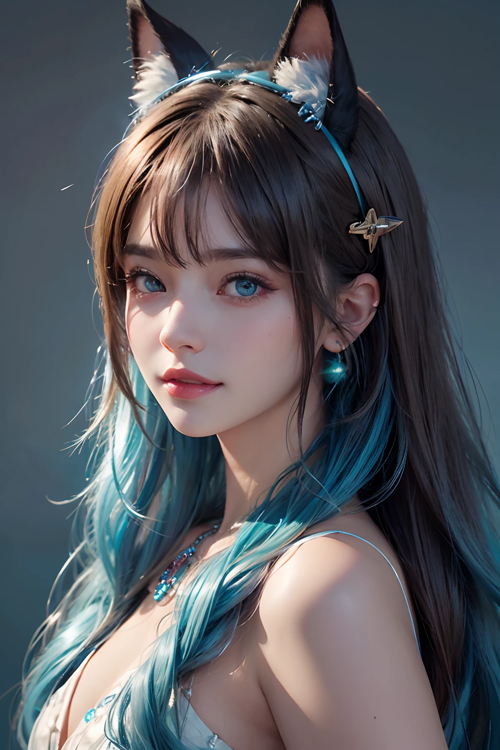 brown hair, light blue hair, hair over shoulder, hairclip, color contact lenses, aqua eyes, fake animal ears, smiley, jewelry, modern, chiaroscuro, cinematic lighting, Nikon, 85mm, high quality, 8k, best quality, super detail