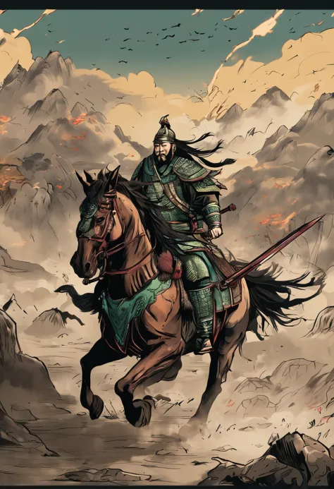 "Three Kingdoms Guan Yu passed five levels and beheaded six generals, Cold front shines，majestic-looking，War horses tread，Swords，Domineering and heroic，Mighty and unyielding"