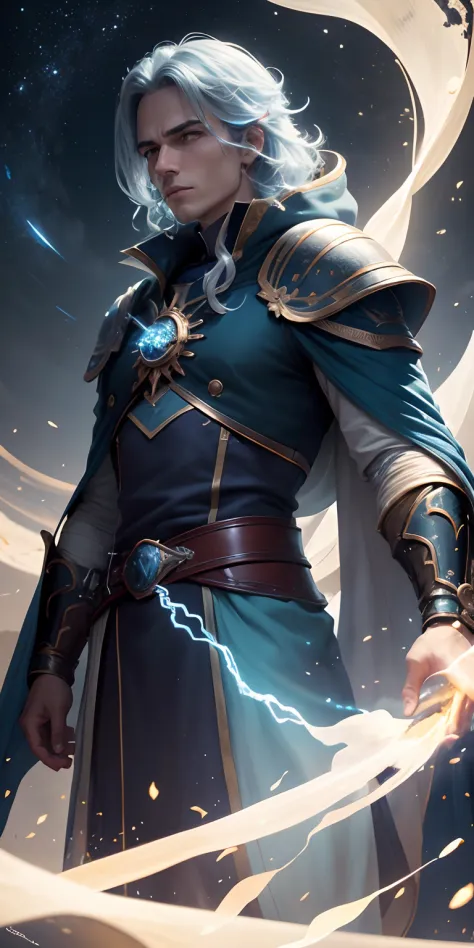 ((8K maximum resolution)), Stunning illustration of an ethereal hero of light that changes appearance depending on the constellation to which it is linked. Ethereal hero that shines with a deep and radiant blue hue. (He wears a long, flowing robe made of l...