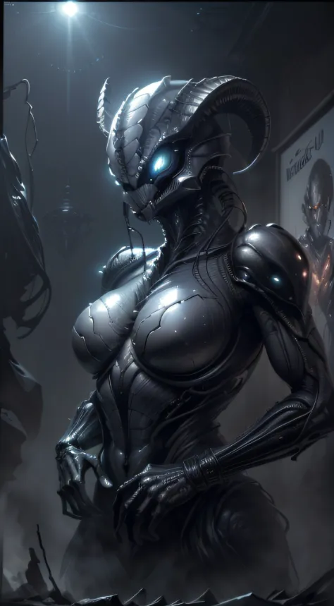 ((tmasterpiece)，((Best Picture Quality)，8k，high detal，super detailing，(alien spaceship)，Alien xenomorphs，An evil creature，Goat face，Fantchar，A translucent ethereal alien xenomorph，Has refined features in a sci-fi setting，Glow from the inside，Sparks and lig...