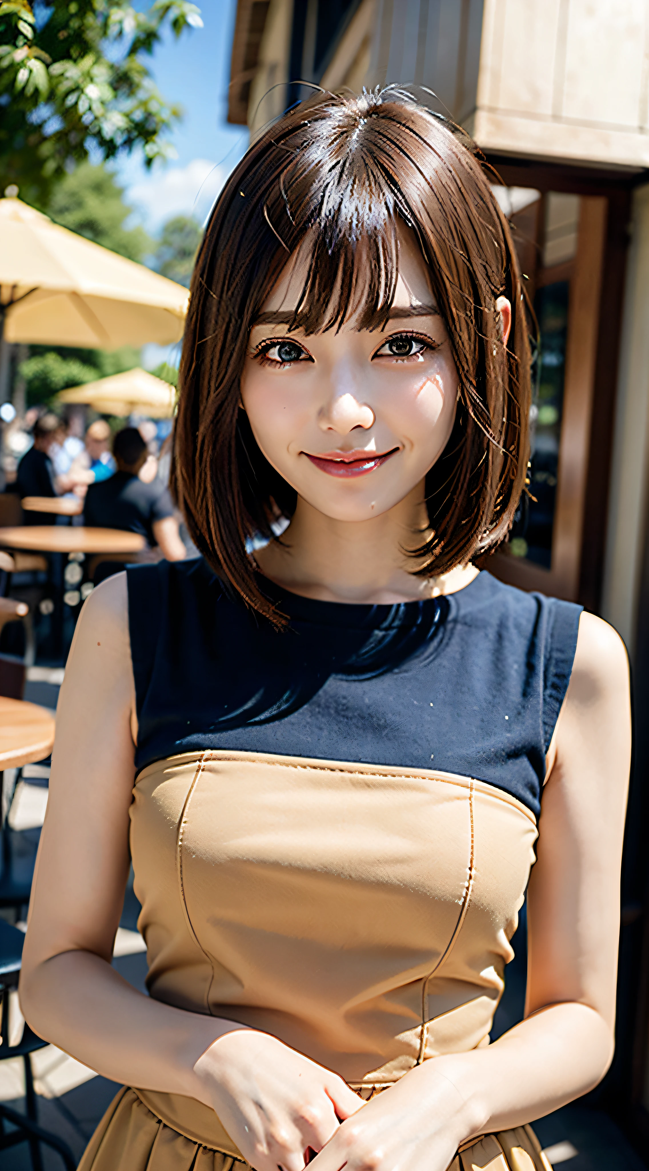 (((top-quality、8K、32K、​masterpiece))),(round face),medium hair,bob cut,symmetrical bangs,brown hair,None,smile, closed mouth,large breasts,half body shot,lens flare,capacity of a cafe,action,cafe,