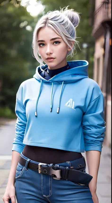 1girl, jett (valorant), cosplay, valorant, blue hoodie, white pants, blue eyes, thin lips, silver hair, gloves, solo, upper body, outdoors, noon, streets, sunshine, standing, beautiful face, (cowboy shot), 8k, hdr, ultra highres, masterpiece,(realistic), h...