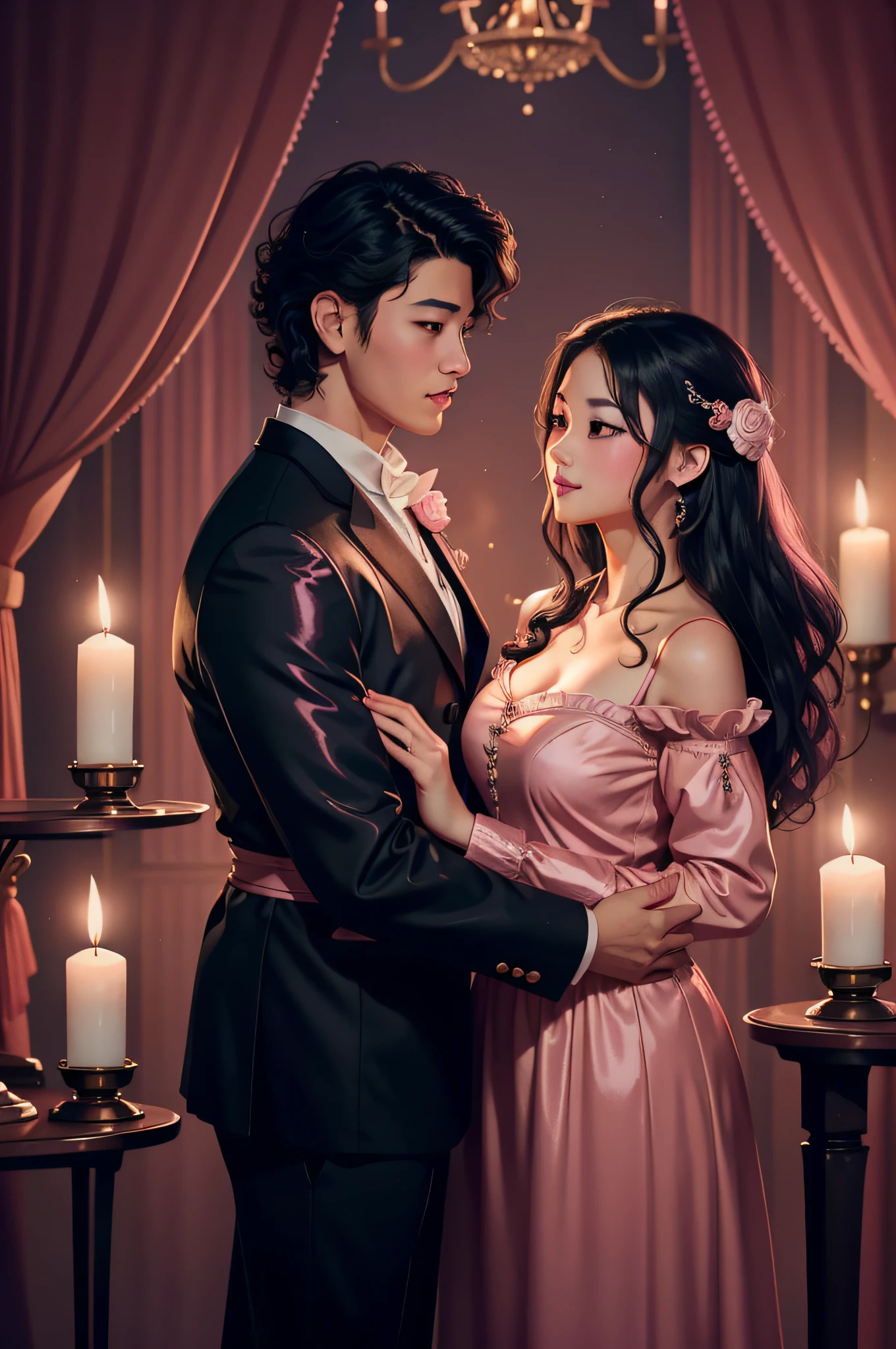 Valentine's Day poster，Handsome asian boy and pretty girl with wavy curls，large shiny eyes，Wear beautiful clothes，Candlelit dinner，rosette，[waxy candles]，The background is a romantic western restaurant，Pink tones，Romantic atmosphere，lightand shade contrast，high detal，（Graphic illustration）。
