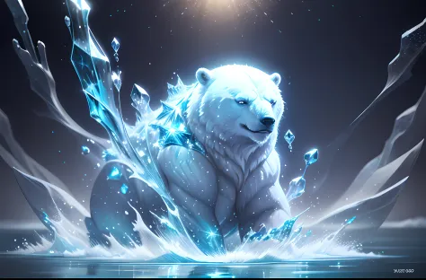there is a polar bear that is swimming in the water, glitter background, shiny glitter crystals, blue liquid and snow, shiny bac...