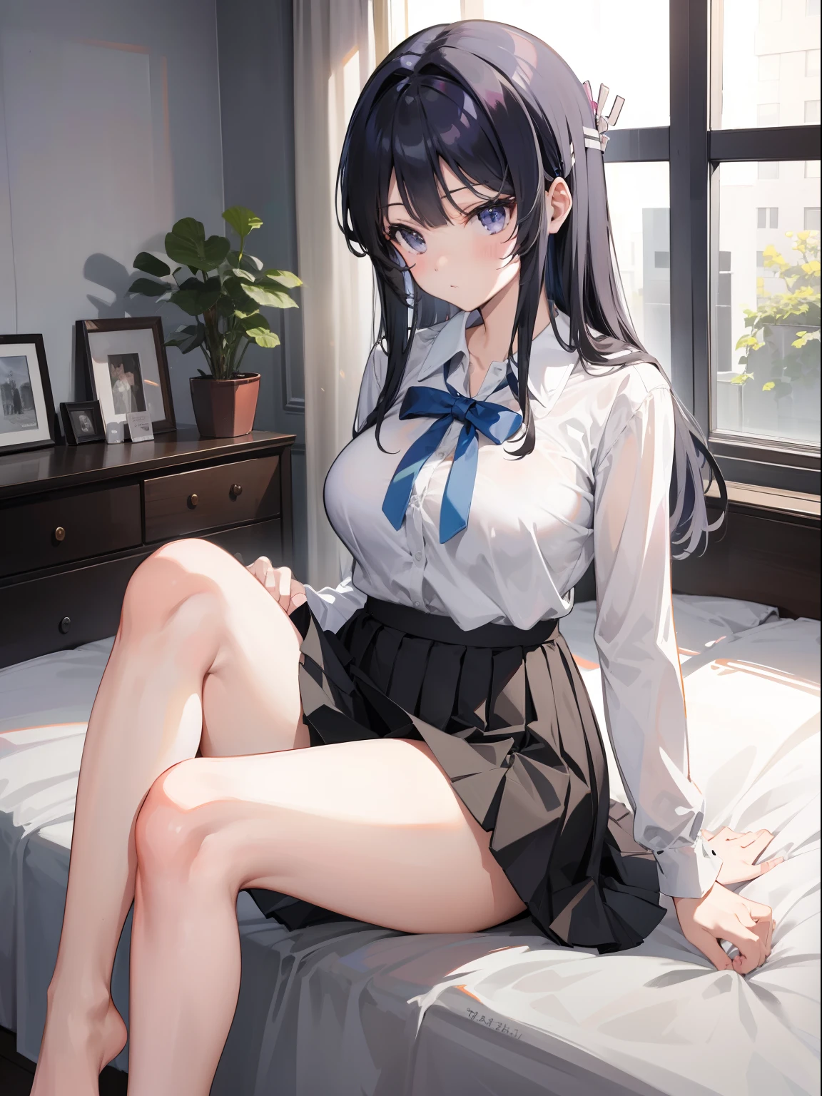 (8K、Raw photography、top-quality、​masterpiece:1.2)、Illustration Touch、ultra-detailliert、超A high resolution、女の子1人、black  hair, purple eyes、Blue little hair stopper、Own room、High school students、White unbuttoned blouse、on the beds、Frog sitting、bare-legged、(((((no  skirt)))))、White panty, Mai , chubby curvy body, medium -large breast