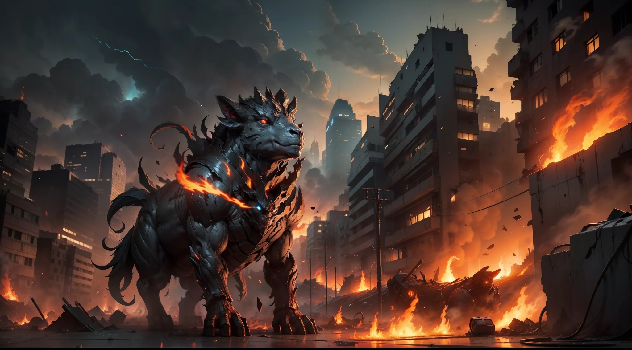 In being blown up, Ruined cityscape, The streets were shelled，damaged streets，The windows were shattered，（Sheep-faced humanoid monster）,Cast shadows on the lava below. Its eyes, Glows like embers,. The flames dancing around the body create mesmerizing displays of light and color.