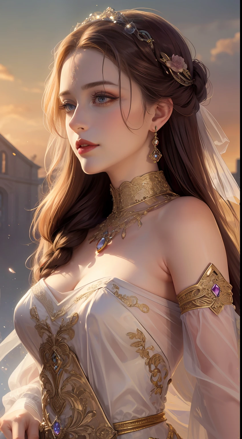 tmasterpiece，Highest high resolution，Dynamic bust of a beautiful royal maiden，Delicate brown-red braided hair，Purple clear eyes，The hair is covered with beautiful and delicate floral craftsmanship, Crystal jewelry filigree，Ultra-detailed details，upscaled，softlighting。