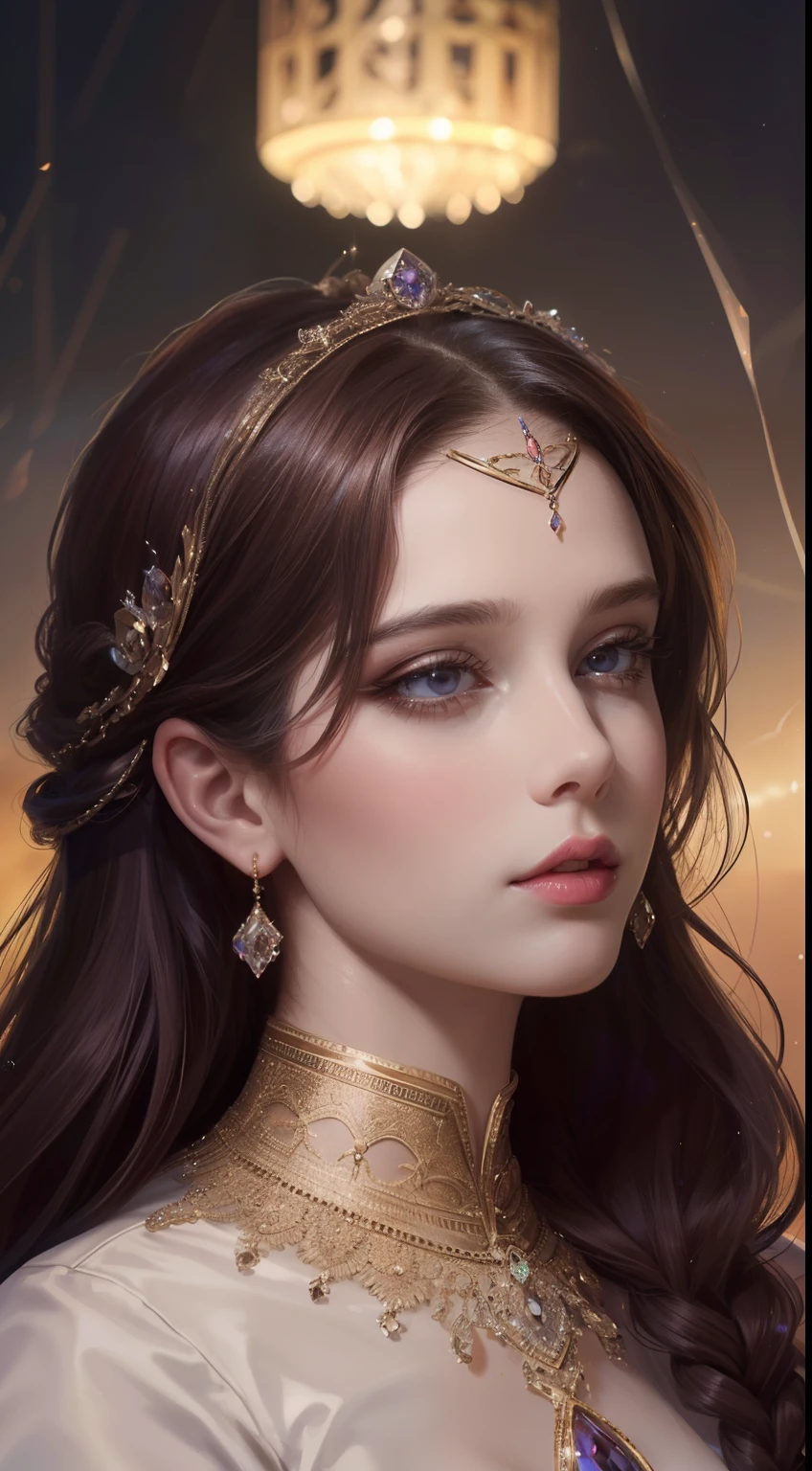 tmasterpiece，Highest high resolution，Dynamic bust of a beautiful royal maiden，Delicate brown-red braided hair，Purple clear eyes，The hair is covered with beautiful and delicate floral craftsmanship, Crystal jewelry filigree，Ultra-detailed details，upscaled，softlighting。