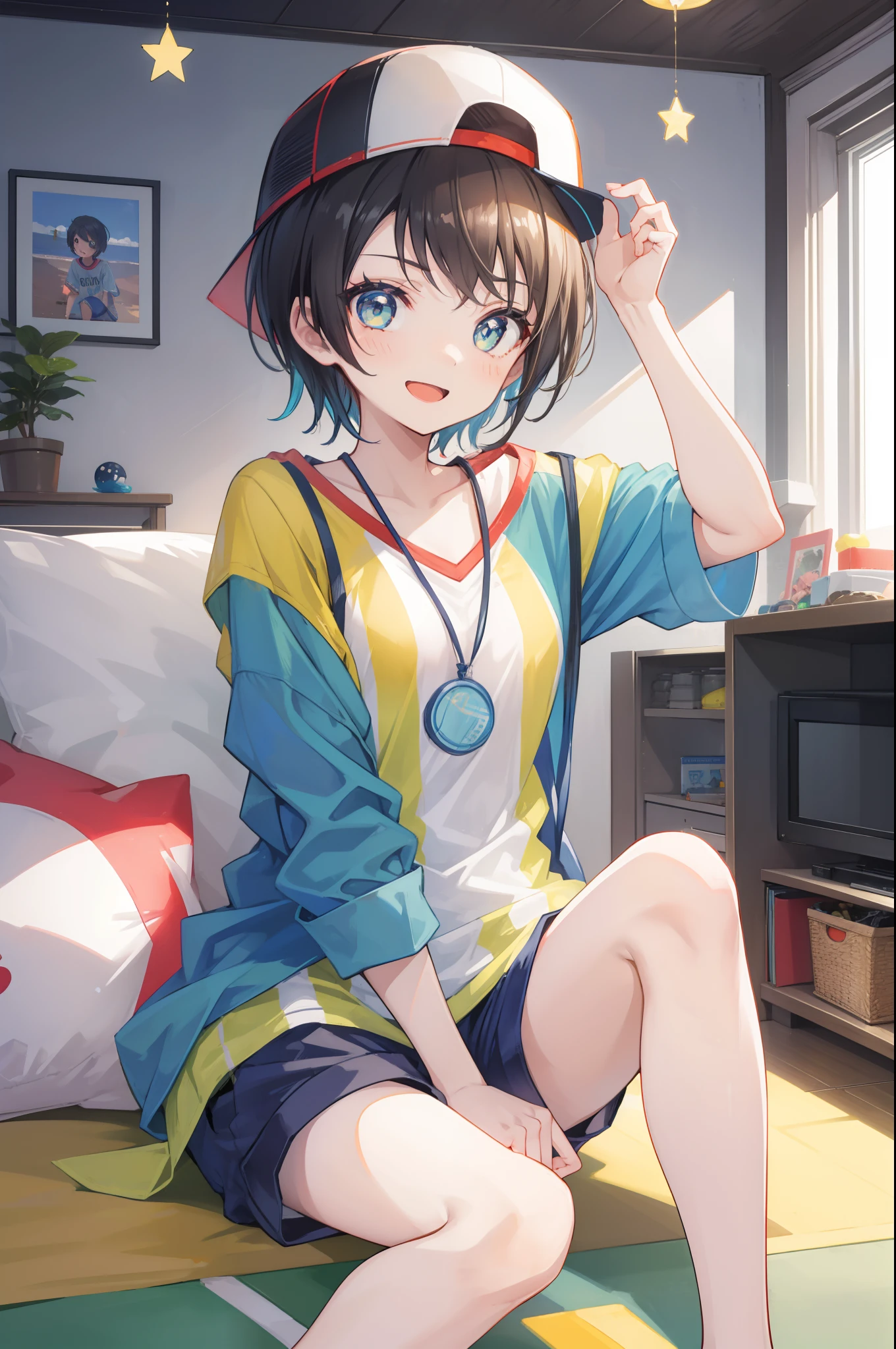 one girl, Oozora_Subaru, stripe shirt, short pants, look at you, indoor, smile, baseball cap, open mouth, sitting