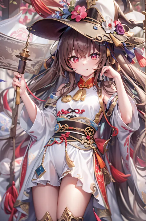 {{masterpiece}}, extremely detailed 8k CG, gentian impact, Hu Tao, long brown hair, red eyes, twin tails, small breasts, hat, Chinese clothing, white socks, looking at viewer, full body, long white socks, Plum pupils, UHD, masterpiece, ccurate, textured sk...