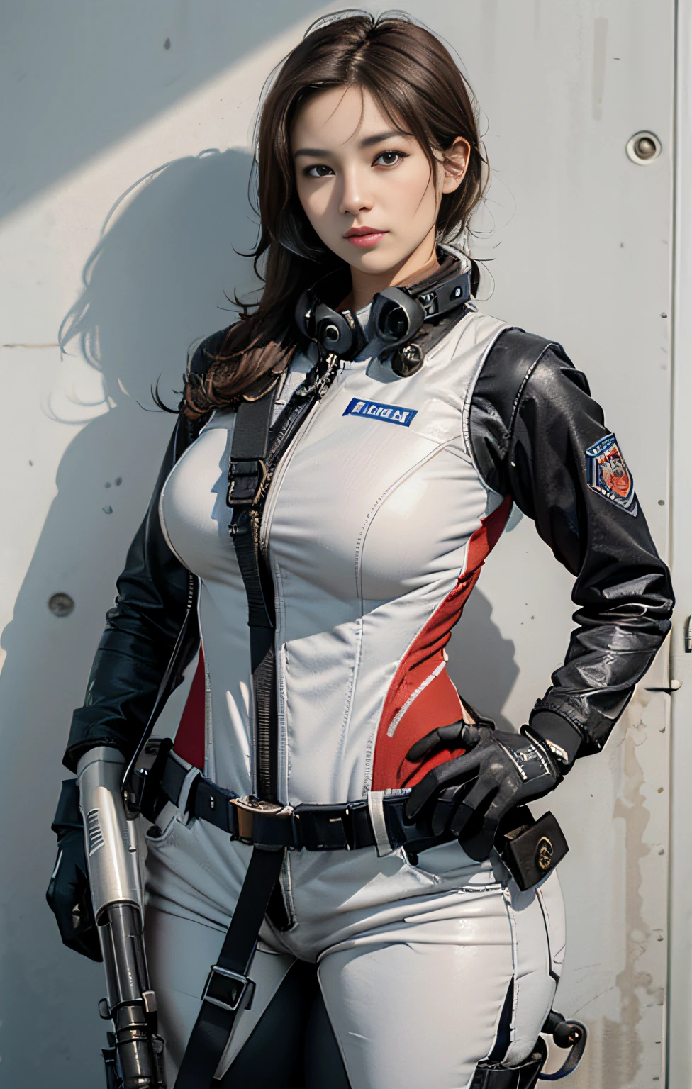 Highest image quality, outstanding details, ultra-high resolution, (realism: 1.4), ((close up:0.75)), highly condensed 1lady, with beautiful and a delicate face, perfect proportion, (Kicking To Viewer), (chubby:0.3, small breasts), (wearing racing suit likes police uniform, black and gray mecha, wearing high-tech headset, military harness, holding a machinegun, carrying hich-tech-flamethrower -tank on back), captain, background simple gray wall,