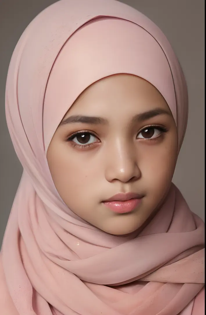 a photo portrait of a beautiful malay girl with hijab and few freckles, (plain pastel pink hijab), (medium shot portrait:1.3), dramatic light , Rembrandt lighting scheme, (hyperrealism:1.2), (8K UHD:1.2), (photorealistic:1.2), shot with Canon EOS 5D Mark I...