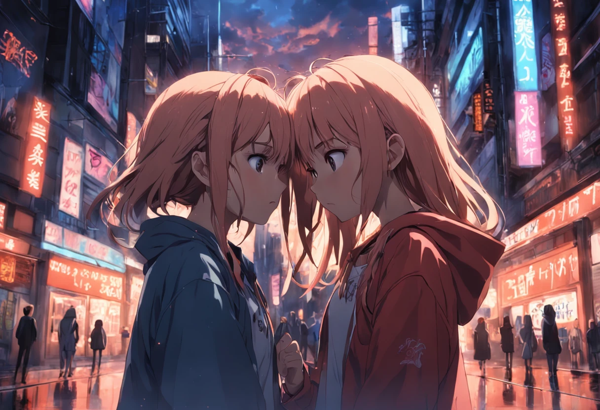 Two anime girls are standing in a city street at night - SeaArt AI