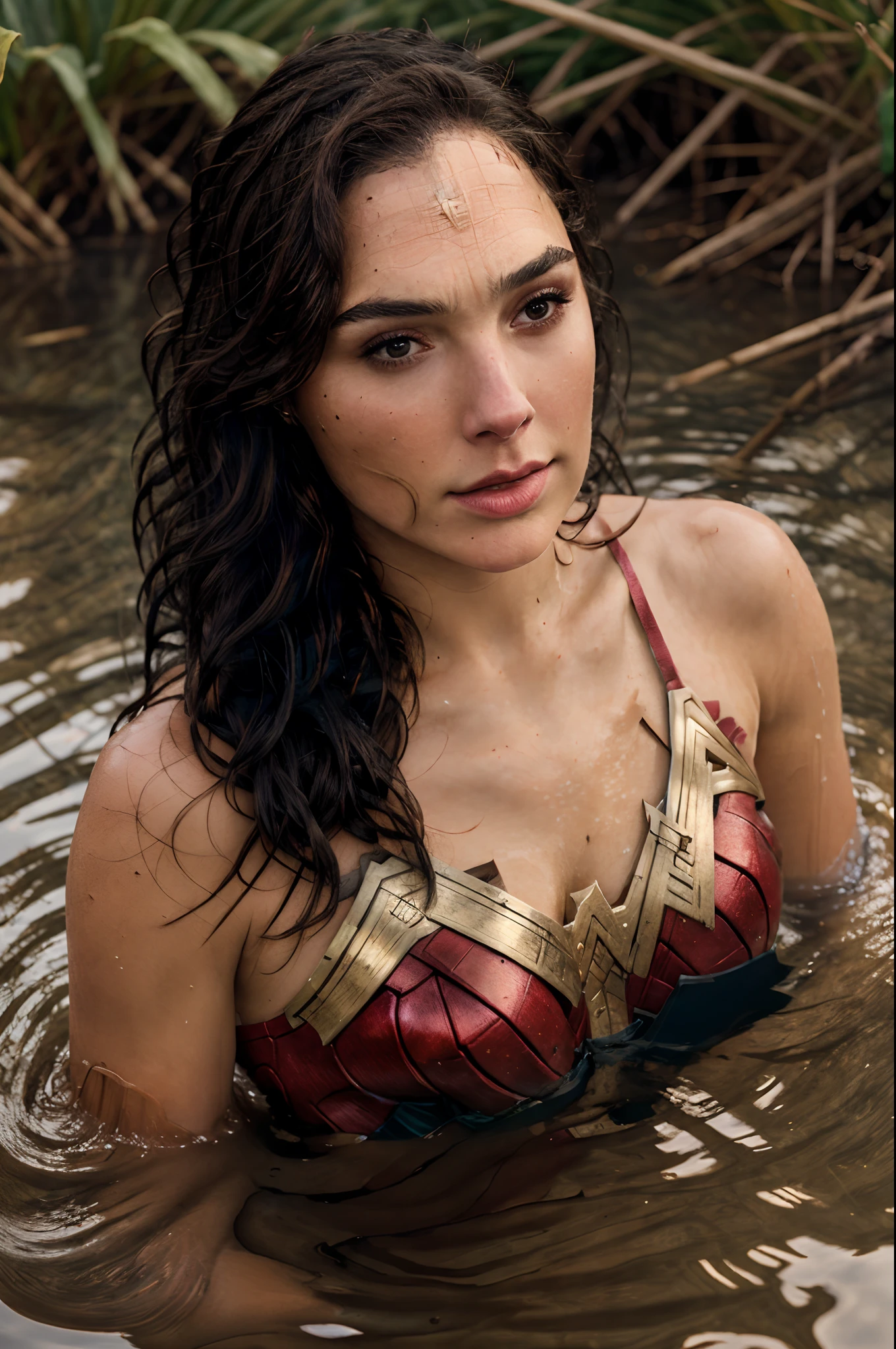 Nahaufnahme Porträt einer Wonder Woman (GLDOT) Baden im Fluss, bereits, (Hintergrundbeleuchtung), Realistisch, Meisterwerk, höchste Qualität, Linsenreflexion, shade, blühen, [[Chromatische Abweichung]], von Jeremy Lipking, von Antonio J. Manzanedo, digitale Zeichnung,