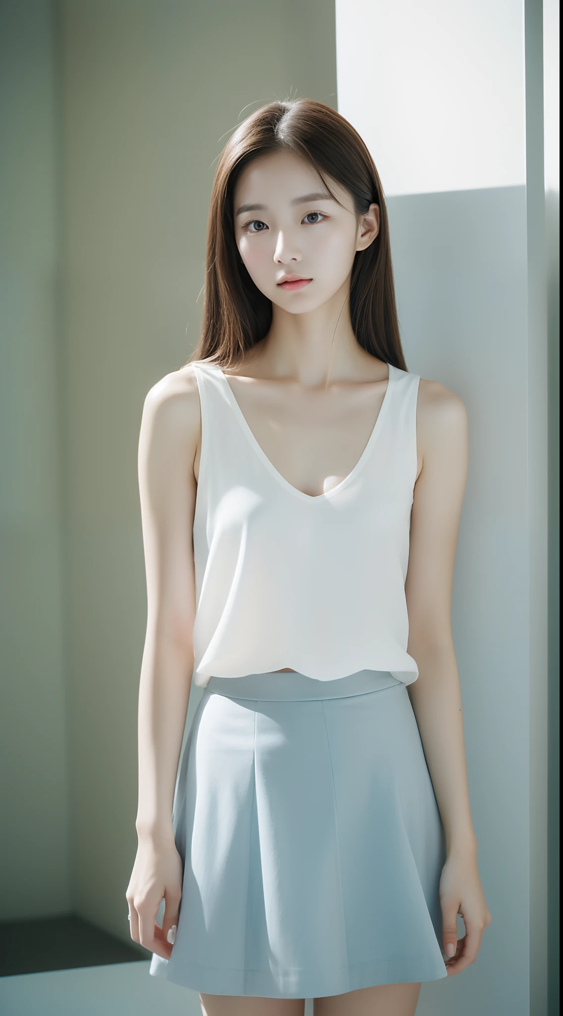 A woman in a white top and blue skirt posing for a picture SeaArt AI